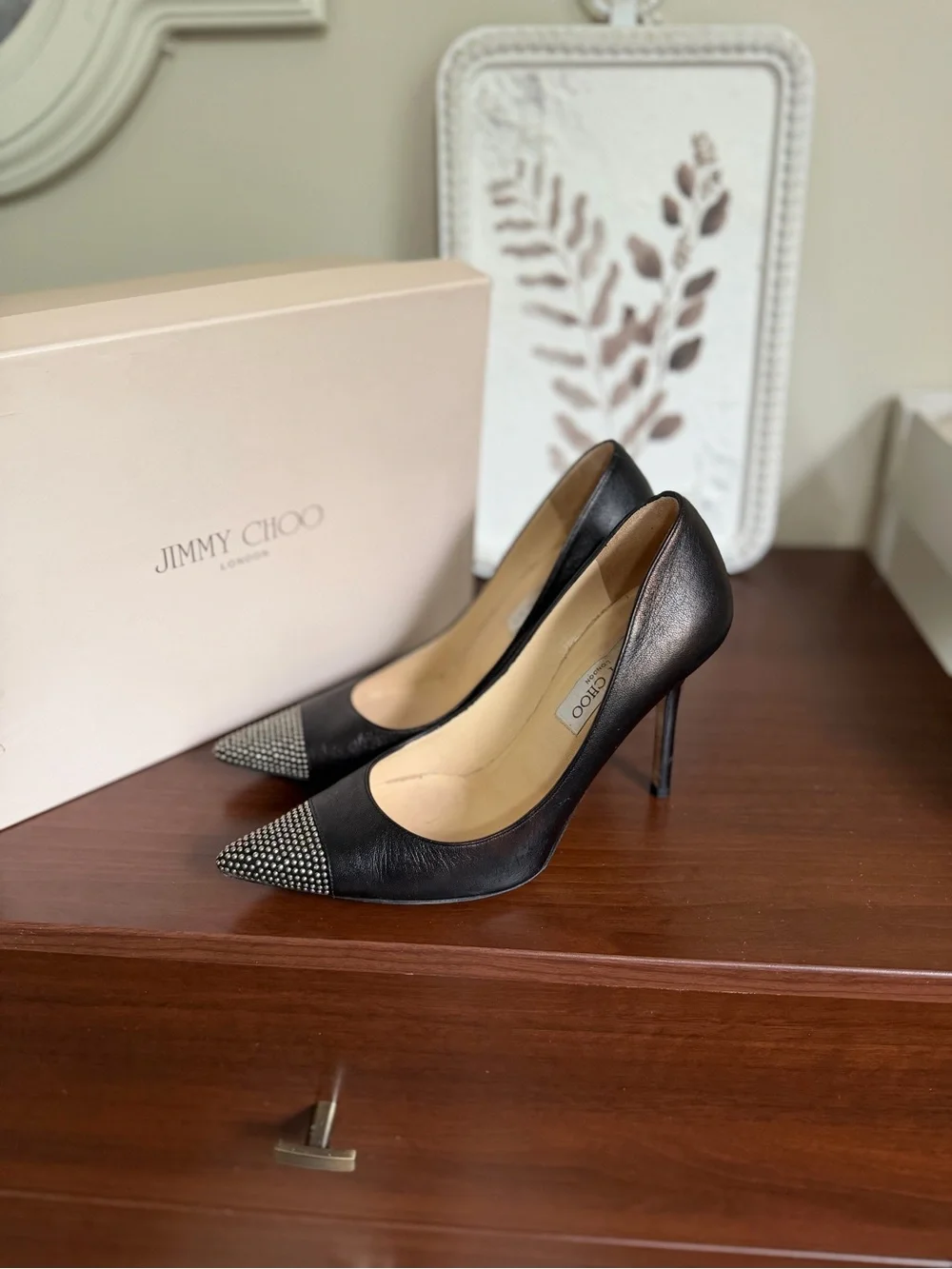 Jimmy Choo Black Leather Pointed Toe Pumps with Studded Cap